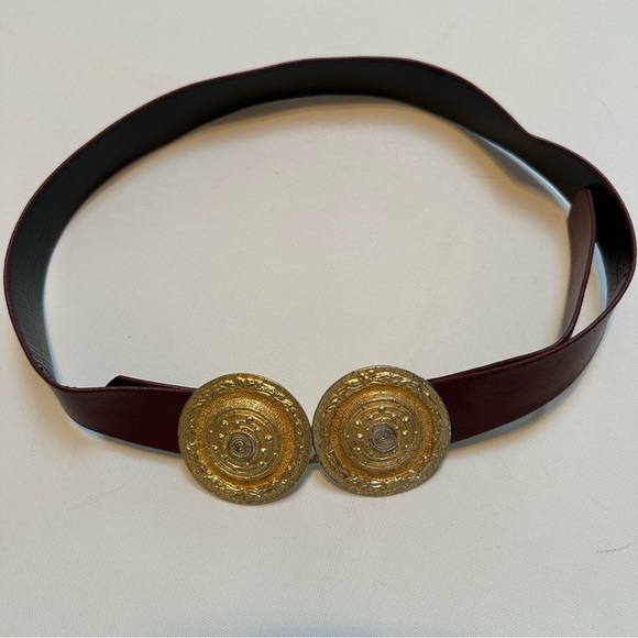 Gay Boyer Burgundy Leather Belt with Round Gold Buckles, S/M - Picture 7 of 10